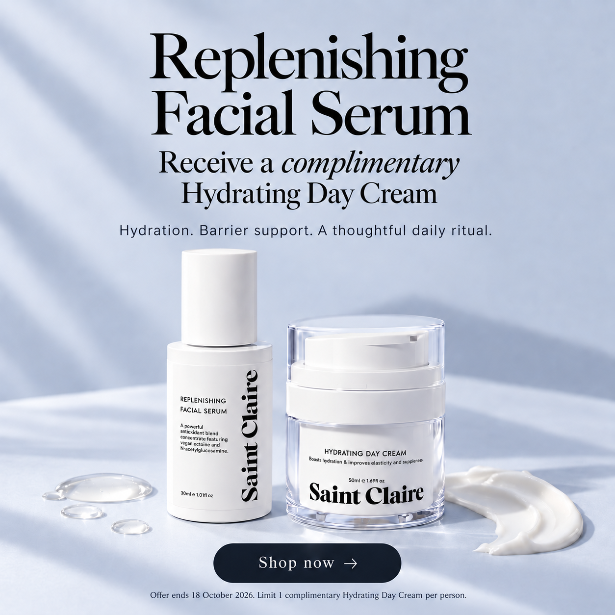 Shop Replenishing Facial Serum and receive a complimentary Hydrating Day Cream. Offer ends 18 October 2026. Limit one complimentary Hydrating Day Cream per person.