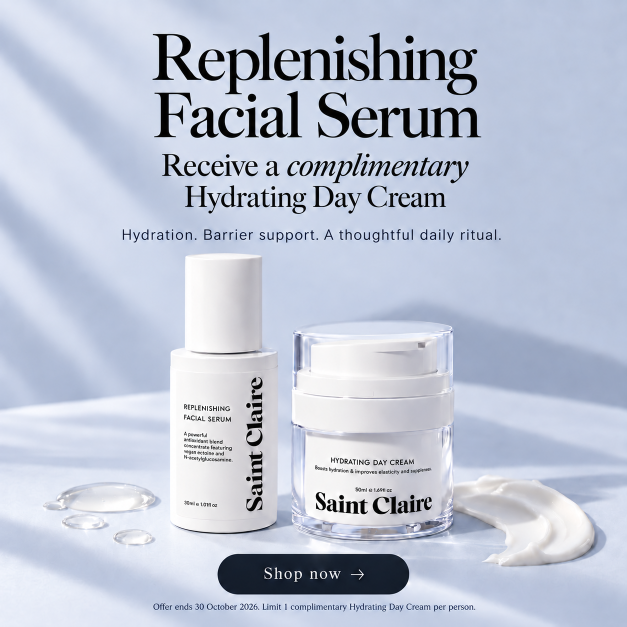 Shop Replenishing Facial Serum and receive a complimentary Hydrating Day Cream. Offer ends 30 October 2026. Limit one complimentary Hydrating Day Cream per person.